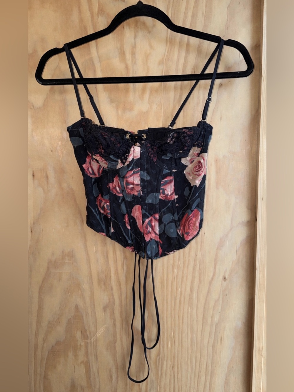 Out from under Floral Lace Corset Top - Black with Pink Rose Print